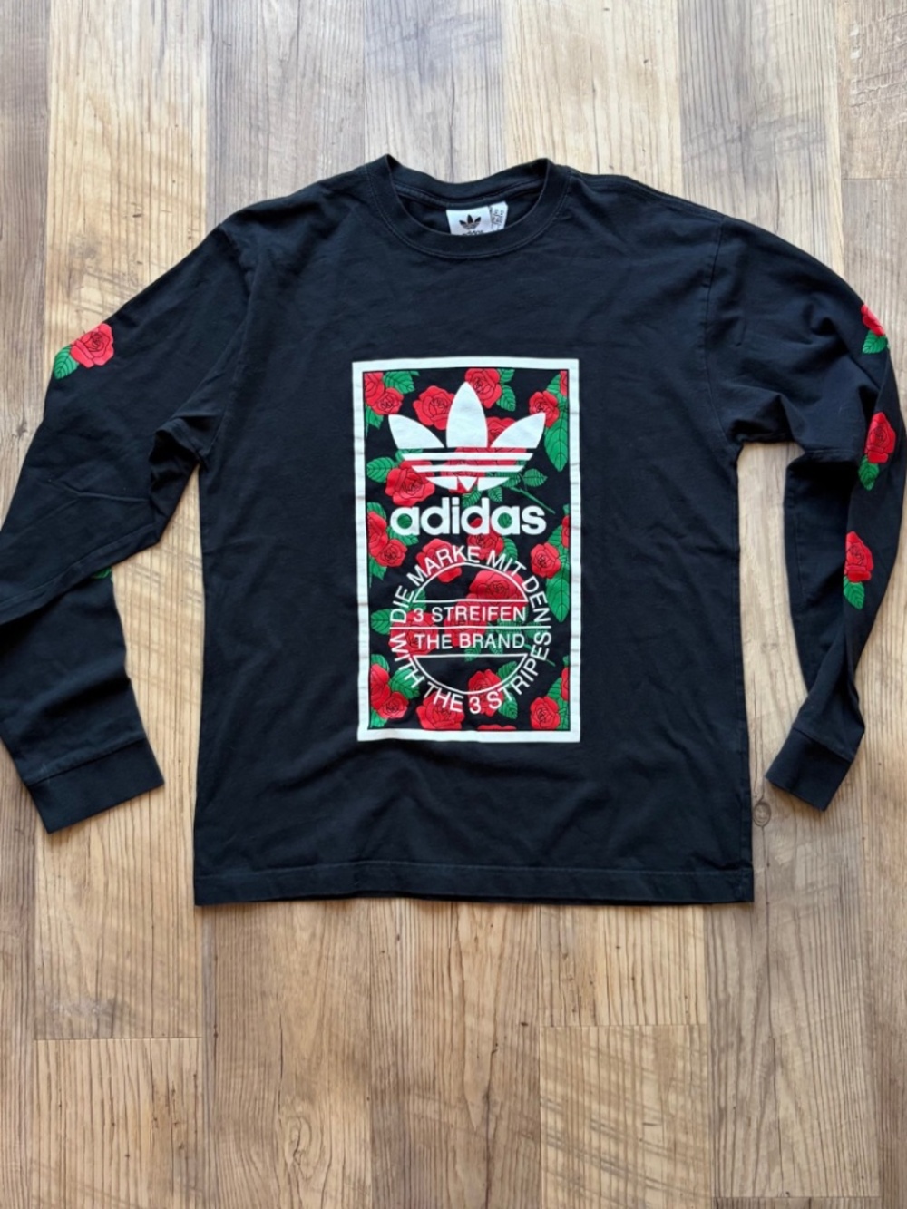 adidas Originals Floral Red Roses Box Logo Long Sleeve Shirt Black Sleeve Print